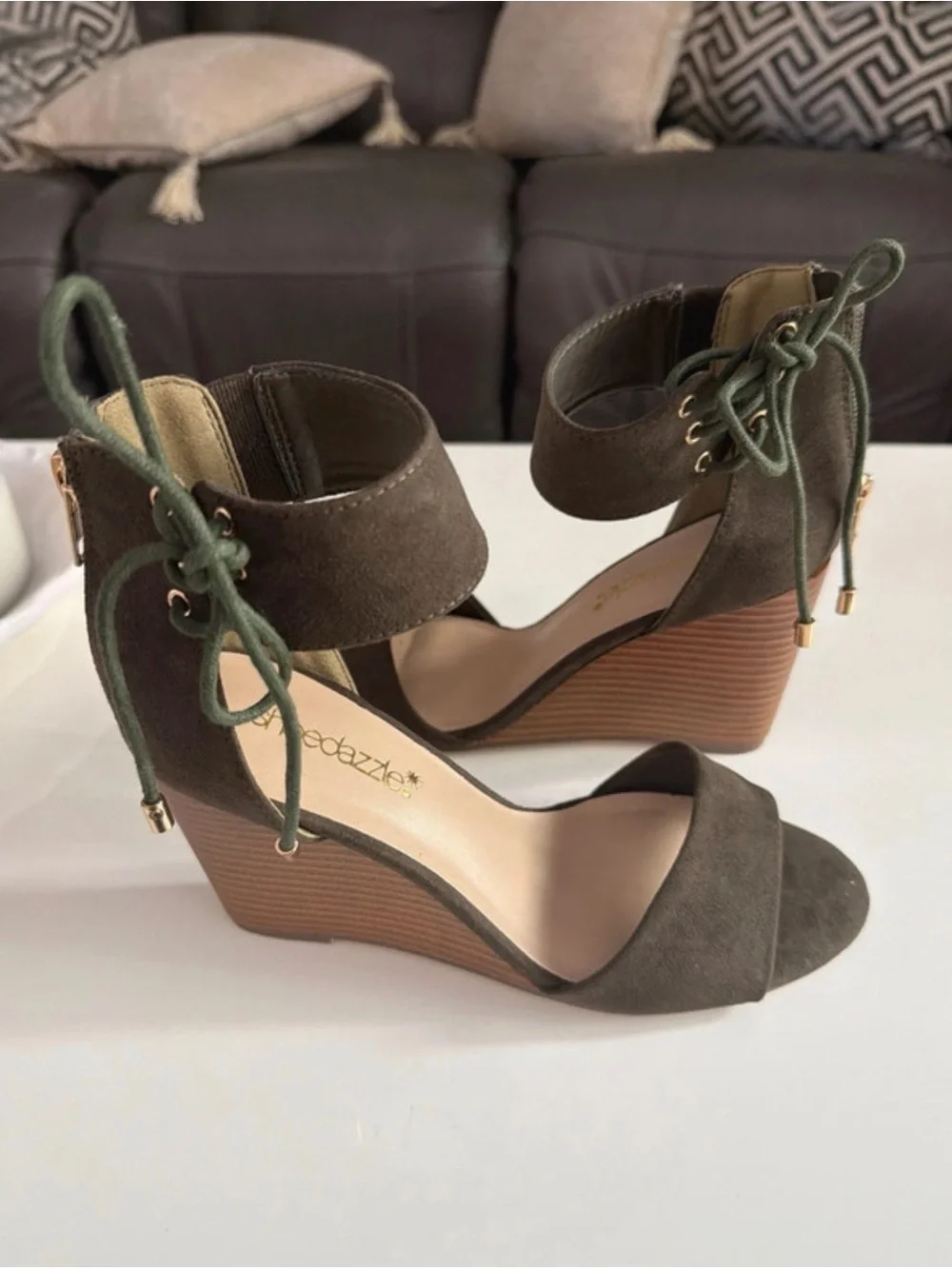 Shoe Dazzle Olive Green Suede Lace-Up Wedge Sandals
